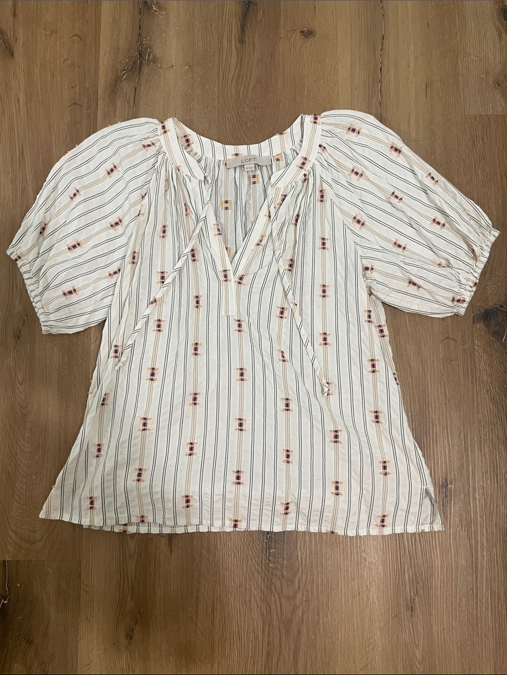 LOFT Cream Striped V-Neck Tie Blouse